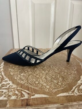 Navy Slingback Kitten Heel Pumps with Studded Straps from Adrianna Papell